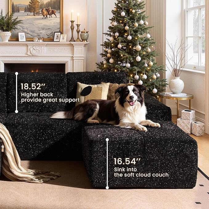 114" Glitter Cloud Sectional Couch with L-Shape Chaise & Ottoman, Modern Boneless Couches for Living Room, Fluffy Tufted Deep Seat Modular Sofa No Assembly (Black Sparkly Velvet,Left Facing)