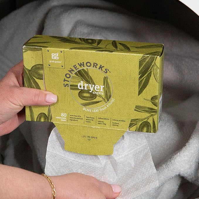 Grab Green Stoneworks Cruelty-Free Dryer Sheets | Softens Fabrics, Freshens Clothing & Reduces Static-Cling and Wrinkles | Plant Based | Olive Leaf Scent (80 Sheets)