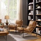 Art Leon Set of 2 Genuine Leather Accent Chairs, Mid Century Modern Lounge Chair Living Room Sofa Chair with Black Metal Frame, Light Brown