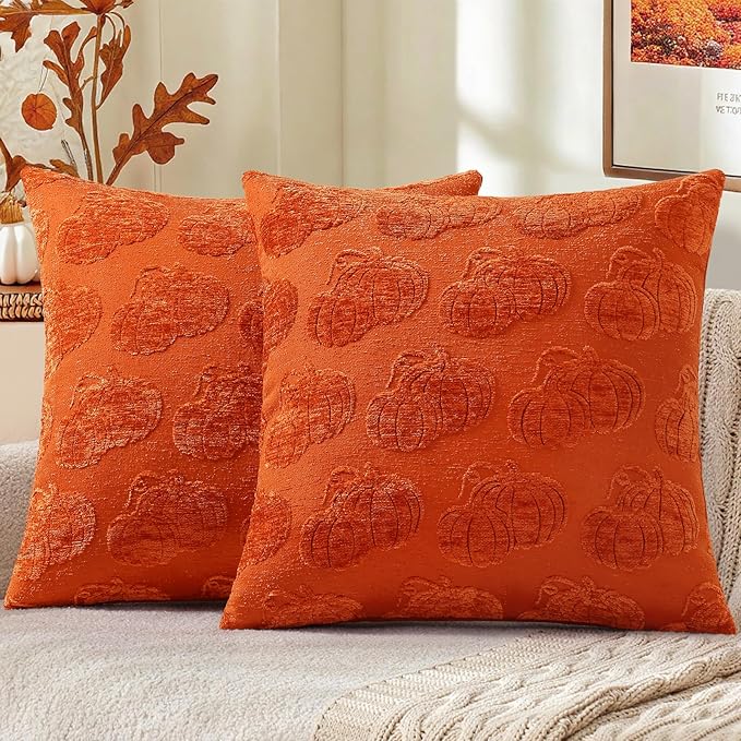decorUhome Decorative Two Rust Pumpkins Thanksgiving Throw Pillow Covers 18x18 Set of 2, Soft Chenille Jacquard Farmhouse Textured Pillow Covers for Couch Bed Sofa Autumn Harvest Halloween Holiday