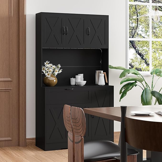 71" Kitchen Pantry Cabinet with Hutch - Freestanding Pantry Cabinet with Drawer, Adjustable Shelves, LED Light & Power Outlets for Kitchen, Dining Room, Living Room (Black)