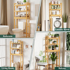 Smiry Over The Toilet Storage Cabinet, 3-Tier Bamboo Bathroom Organizers with Adjustable Shelf & 4 Hooks, Space Saving Shelf Rack for Bathrooms, Laundry Room, Balcony, Natural