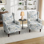 Pia Ricco High Back Floral Accent Chair - Retro Wingback Upholstered Armchair with Nailhead Trim, Solid Wood Legs, Fabric Living Room Bedroom Reading Chair (Plants Blue)
