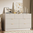 Beige Dresser for Bedroom, Modern Dresser with 7 Drawers and Smooth Slides, Wide Chest of Drawers with Golden Handles for Bedroom, Living Room, Closet, 15.7" D x 55.1" W x 31.4" H