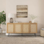 NTC MOSSIC Modern Sideboard with 4 Doors, Natural Rattan Storage Cabinet, Buffet with Metal Legs, Boho Accent Cabinet for Living Room, and Entryway, Effortless Assembly, Sand