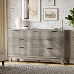 Fluted Dresser with 7 Drawers, 58" Wide Modern Chest of Drawers with Metal Handle, Wooden Dresser TV Stand, Wood Closet Clothes Storage Organizer for Bedroom, Living Room, Hallway, Light Grey