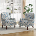 Pia Ricco Set of 2 Floral Accent Chairs, High Back Upholstered Armchairs with Retro Wingback Design, Nailhead Trim & Solid Wood Legs for Living Room Bedroom(Flower Blue)