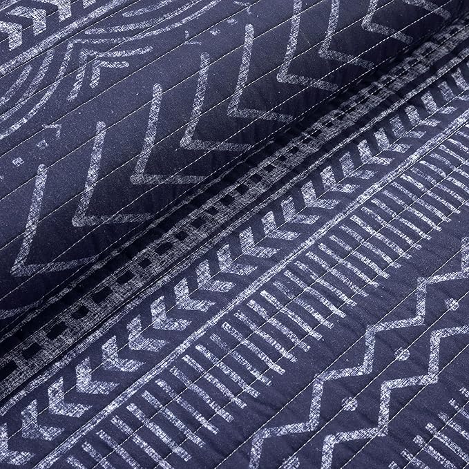 Lush Decor Hygge Geo Pattern Striped 3 Piece Quilt Bedding Set, Full/Queen, Navy