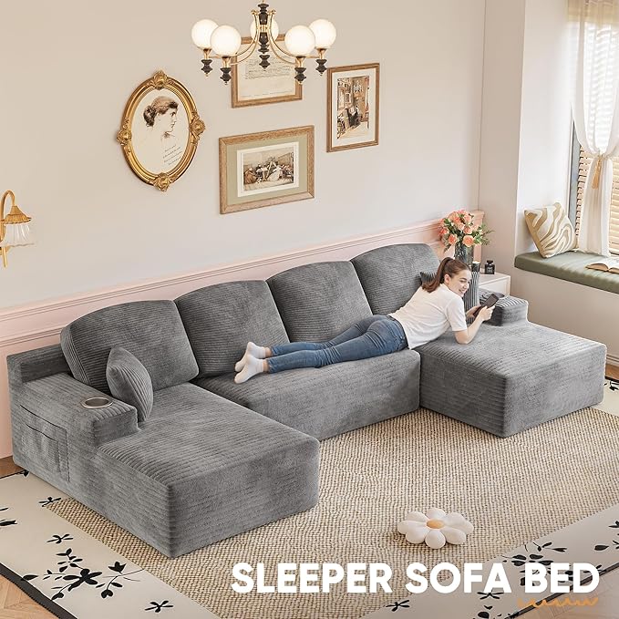 Homall 142" Boneless Couch, Modular Sectional Sofa, No Assembly Required, Memory Foam Filling, Corduroy U-Shaped Sofa, Movable Multi-Person Couch for Living Room (Grey)