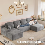 Homall 142" Boneless Couch, Modular Sectional Sofa, No Assembly Required, Memory Foam Filling, Corduroy U-Shaped Sofa, Movable Multi-Person Couch for Living Room (Grey)