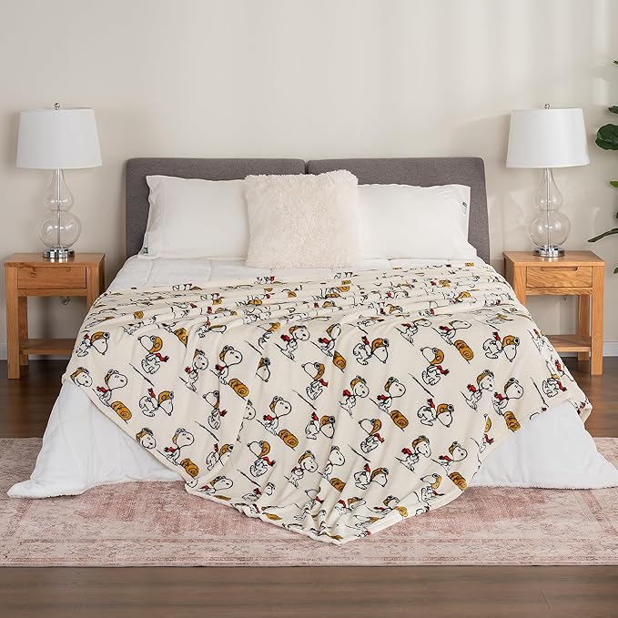 Berkshire Blanket Peanuts® VelvetLoft® Cute Character Snoopy Plush Blanket,The Flying Ace,Full/Queen 90 in x 90 in (Official Peanuts® Product)