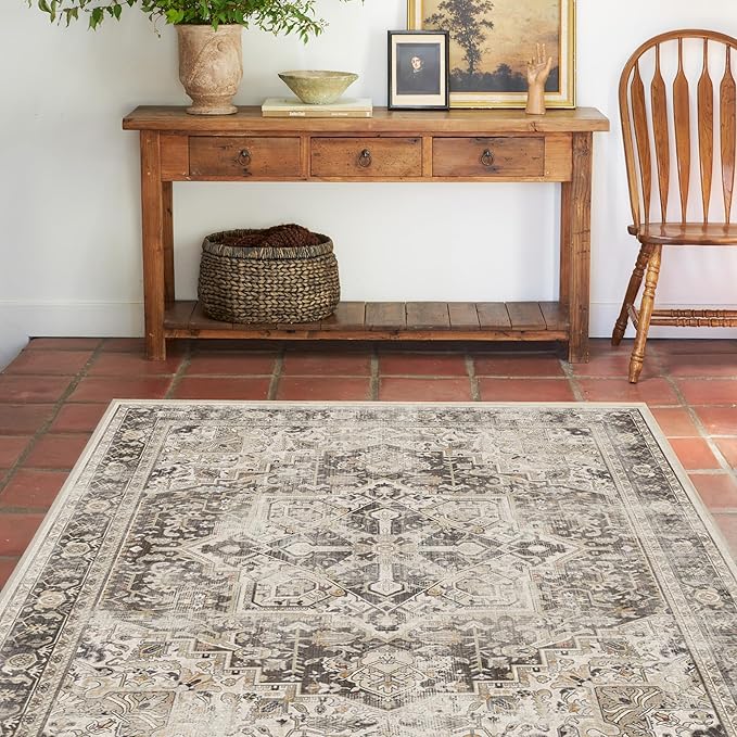 RUGGABLE Washable Vintage Area Rug – Kamran Hazel 6x9, Stain-Resistant, Non-Slip – Medium Machine Washable Rugs for Living Room, Bedroom, Hallway, Entryway & Office–with Standard Pad