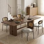 Rattan Dining Chairs Set of 6, Beige Leather Upholstered Dining Chairs with Rattan Cane Back, Mid Century Modern Dining Room Chairs with Black Metal Legs & D-Shaped Thicken Cushion, Beige