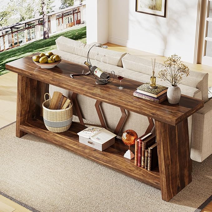 Tribesigns 70.86-Inch Farmhouse Console Table, Industrial Narrow Long Sofa Entryway Table with Storage, 2-Tier Wood Couch Foyer Accent Table for Living Room, Hallway, Entrance (Brown)