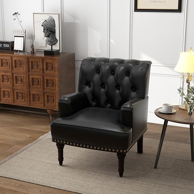 UIXE PU Leather Accent Chair, Modern Upholstered Armchair for Living Room, Comfy Arm Chair Single Sofa Reading Seat with Wooden Legs for Office Home Bedroom - Black