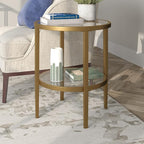 Henn&Hart 20" Wide Round Side Table with Glass Shelf in Antique Brass, Table for Living Room, Bedroom