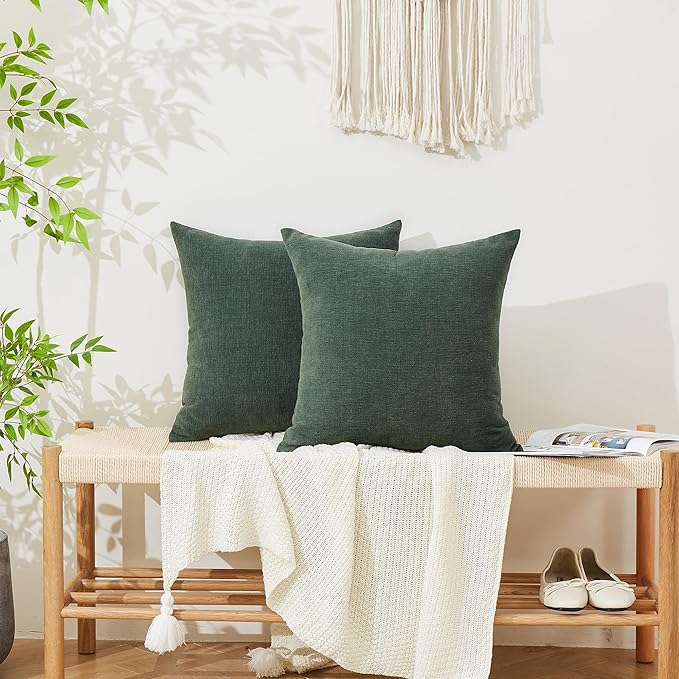 GAWAMAY Decorative Square Throw Pillow Covers 22"x22" Inch Set of 2, Super Soft Chenille Pillows Farmhouse Pillowcase for Living Room Bedroom Sofa Couch Cushion Cover Dark Green 55x55cm (No Insert)