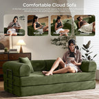 79" Convertible Sofa Bed with Fixed-Shape Frame & Removable Armrests, Modular Corduroy Sleeper Sofa, Folding Mattress Couch for Small Spaces - No Assembly Needed in Green (Includes 2 Pillows)