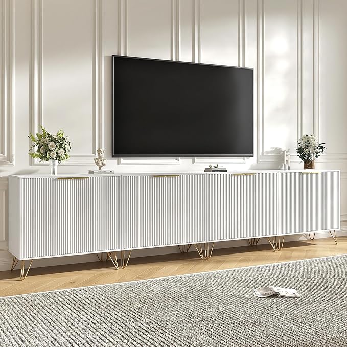 Storage Cabinet Set of 4, White Fluted Cabinet with Adjustable Shelves, Modern Coffee Bar for Kitchen, Living Room and Office