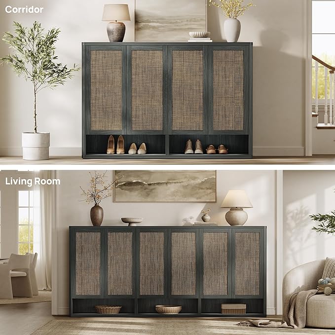 SICOTAS Rattan Shoe Storage Cabinet - Modular Shoe Cabinets with Door Tall Large Shoe Cabinet Storage for Entryway - 65.6" Wide Modular Cabinet for Hallway, Living Room