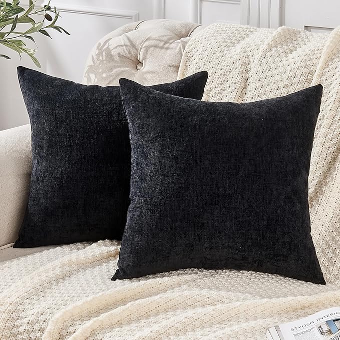 GAWAMAY Decorative Chenille Throw Pillow Covers 26x26 Inch Pack of 2, Soft Square Couch Pillow Cover for Sofa Cushion Living Room Bedroom Solid Dyed Oversized Pillowcases Black 66x66cm (ONLY Covers)