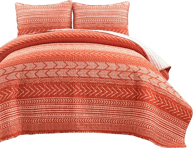 Lush Decor Hygge Geo Pattern Striped 3 Piece Quilt Bedding Set, Full/Queen, Burnt Orange