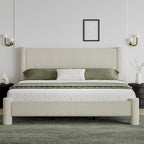 King Size Bed Frame, Boucle Bed Frame with Headborad, Soft Upholstered Platform Bed Frame with Rounded Corners, No Box Spring Required, Easy Assembly, Cream