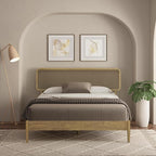 NTC Lupin Wooden Bed Frame with Headboard, Solid Oak and Rubber Wood Foundation with Silent Slats and Wood Central Supports, 1000 Lb Capacity, Queen - Sand