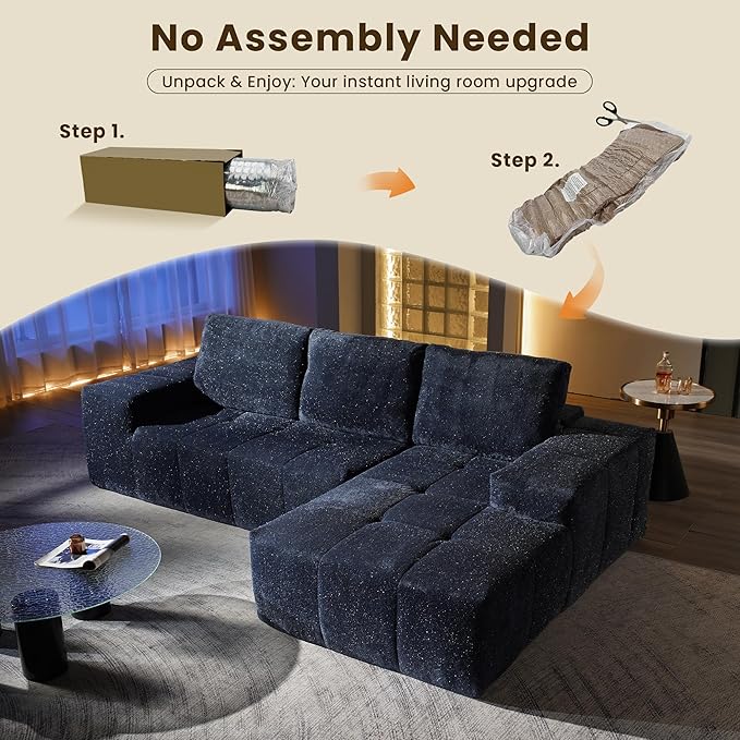 114" Glitter Cloud Sectional Couch with L-Shape Chaise, Modern Boneless Couches for Living Room, Fluffy Tufted Deep Seat Modular Sofa in a Box No Assembly