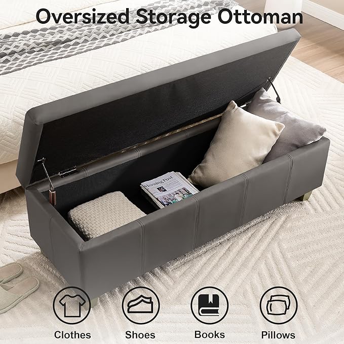 51" Faux Leather Storage Ottoman, Stitch Tufted Rectangle Upholstered End of Bed Storage Bench, Entryway Large Couch Ottoman with Wooden Legs,Dark Grey