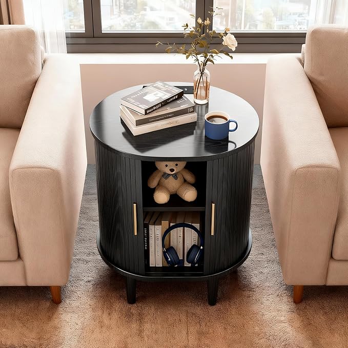 Nightstand with Charging Station, Fluted Accent Side Table with Sliding Door & Adjustable Shelf, Mid-Century Modern End Table for Small Space, Living Room, Bedroom(1, Black)