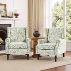 Accent Chair, Upholstered High Back Floral Armchair with Nailhead Trim & Wood Legs, Comfy Wingback Reading Single Sofa Chair for Small Spaces, Living Room, Bedroom-Floral Rococo Green, Set of 2