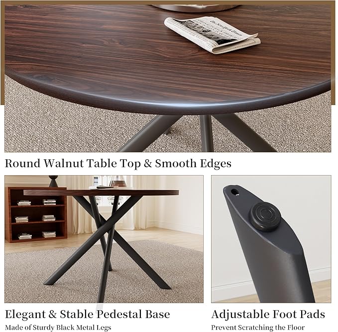 45.3 Inch Modern Round Dining Table for 4, Space-Saving Dinette with Carbon Steel Legs for Home Kitchen Apartment(Dark Walnut Table)