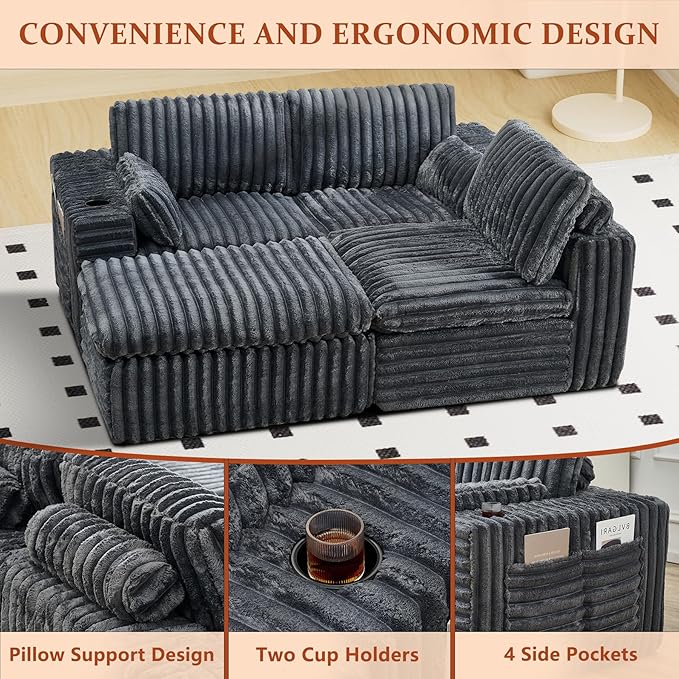 114" Cloud Boneless Sectional Couches for Living Room, Modular Sectional Sofa with Cup Holder, Cozy Fluffy L Shaped Deep Seat Couch with Storage Pocket, No Assembly Required, Dark Grey