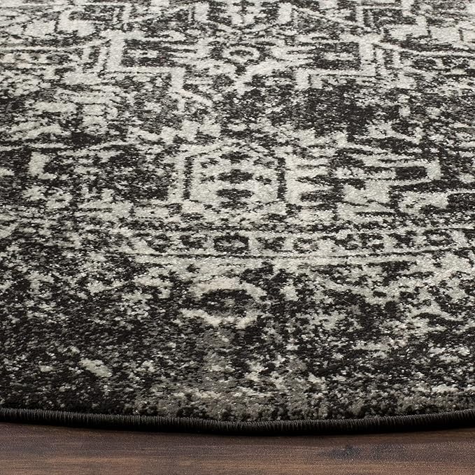 SAFAVIEH Evoke Collection Area Rug - 5'3" Round, Black & Grey, Distressed Design, Non-Shedding & Easy to Clean, Ideal for Living Room, Bedroom, Dining Space (EVK256R)