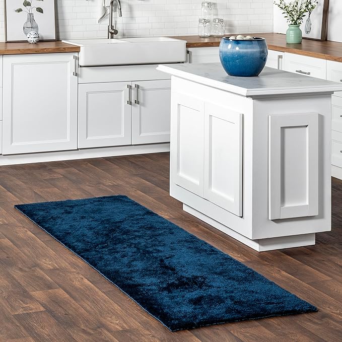 nuLOOM 2' x 6' Cozy Plush Area Rug, Machine Washable, Non-Slip, Soft Fluffy Shag Carpet for Living Room Bedroom Kids Room Nursery Home Decor, Loni Navy