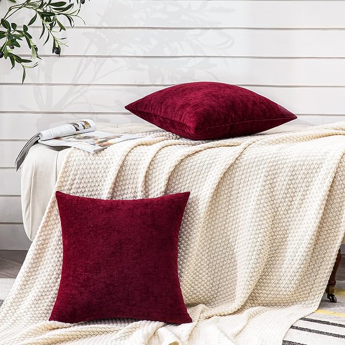 GAWAMAY Decorative Square Throw Pillow Covers 22"x22" Inch Set of 2, Super Soft Chenille Pillows Farmhouse Fall Pillowcase for Living Room Bedroom Sofa Couch Cushion Cover Burgundy Red 55x55cm