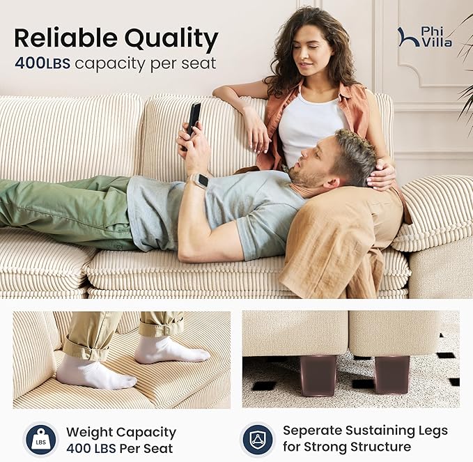 PHI VILLA Cloud Modular Couch Sets, 157.5" Sectional Sofa with U-Shaped Chaise Ottoman, 6-Seater Couches with Upholstered Deep Seat for Living Room, Chenille Corduroy Dual Fabric, Beige