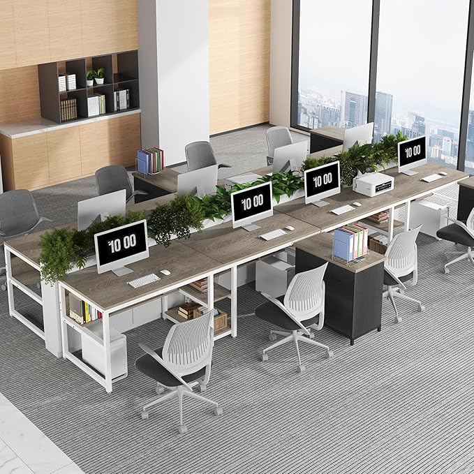 Tribesigns Two Person Desk with Bookshelf, 78.7 Computer Office Double Desk for Two Person, Rustic Writing Desk Workstation with Shelf for Home Office (Gray/White)