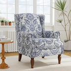 Accent Chair, Upholstered High Back Floral Armchair with Nailhead Trim & Wood Legs, Comfy Wingback Reading Single Sofa Chair for Small Spaces, Living Room, Bedroom ( Navy Blue Floral, Set of 1)