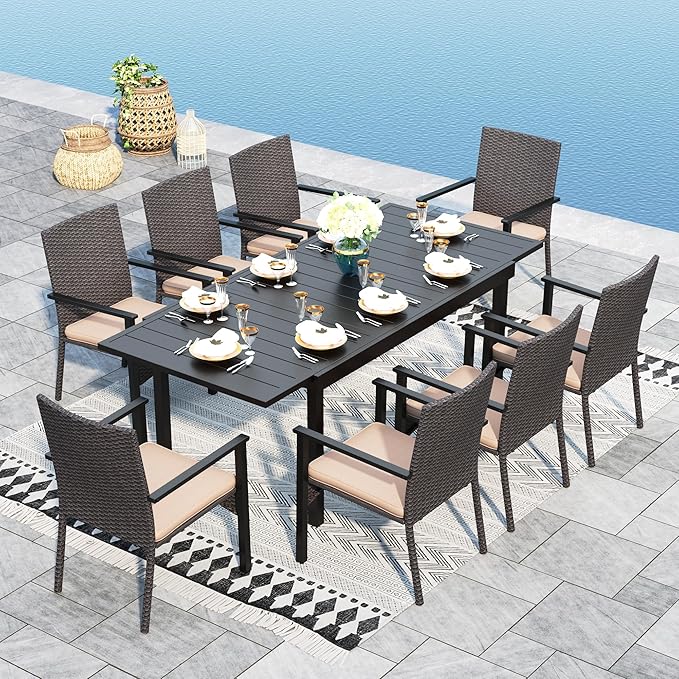 Sophia & William 9 Pieces Patio Dining Set for 6-8 People, Expandable Rectangular Metal Outdoor Table and Rattan Chairs with Cushions, All Weather Patio Table and Chairs Set