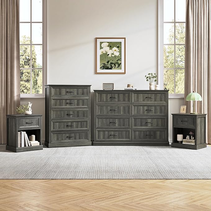 Farmhouse Dresser and Nightstand Sets, 4Pcs Bedroom Furniture Set, Nightstand Set of 2 & 55" Wide 8 Drawer and 44" Tall 5 Drawer Dresser with Large Drawers & Bar Handles, Grey