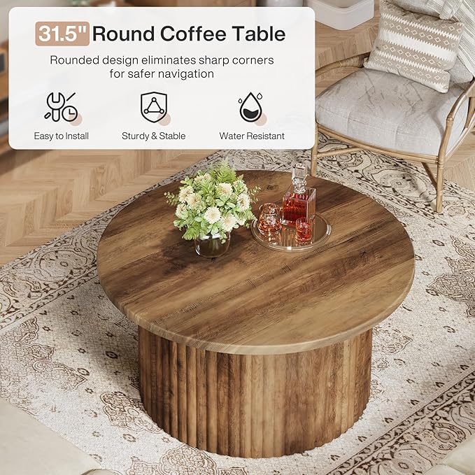 Tribesigns 31.5" Round Coffee Table, Farmhouse Circle Center Table with Sturdy Metal Base, Modern Accent Sofa Side Table for Living Room, Wooden Grain Veneer Top