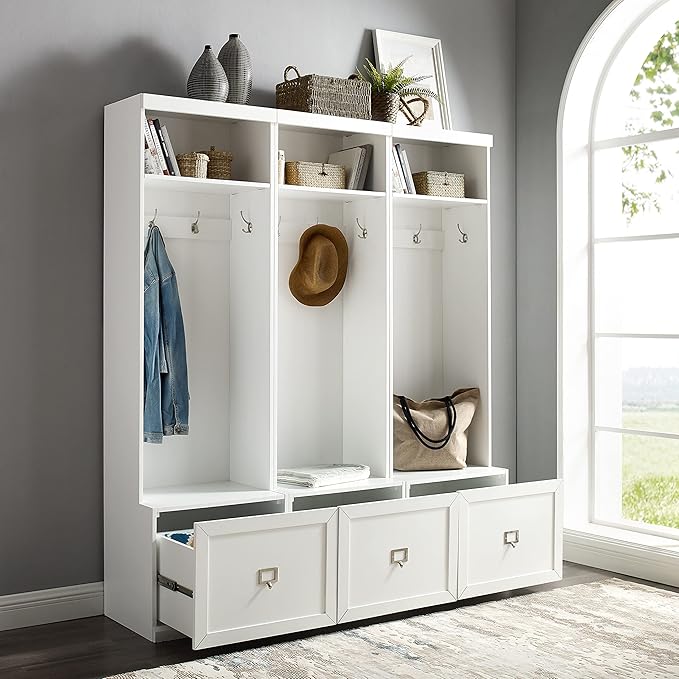 Crosley Furniture Harper 3-Piece Hall Tree Entryway Set with Storage Bench and Coat Rack Hooks for Hanging, White