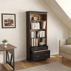 LITTLE TREE 72" Tall Black Bookcase, 5-Tier Office Bookself with File Cabinet Drawers,Modern Floor Standing Storage Filing Cabinet Book Shelf for Living Room,Bedroom