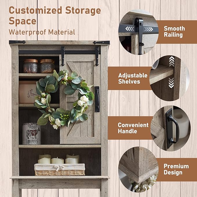 OKD Over The Toilet Storage Cabinet, Farmhouse Storage Cabinet Over Toilet with Sliding Barn Door & Adjustable Shelves, Home Space Saver for Bathroom, Living Room, Light Rustic Oak