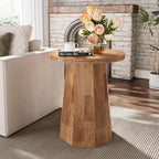 Tribesigns Farmhouse Round End Table, Wooden Couch Side Table with Octagonal Base, Rustic Brown Nightstand Pedestal Accent Furniture for Living Room, Bedroom (1, Walnut)