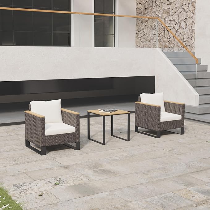 Ypati 3-Piece Handwoven Rattan Patio Conversation Set, Aluminum Frame with All Weather Coating, for Porch, Balcony, Garden, 2 Comfortable Chairs with Coffee Table, Black & White, Designed by Eureka