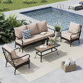 MFSTUDIO 4 Pieces Outdoor Patio Furniture Set, Metal Outdoor Conversation Set, Rattan Wicker Patio Sectional Sofa Set with 2 x Fixed Single Sofa, 3-Seat Sofa, 1 x Coffee Table, Beige