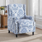 Pushback Recliner Chair, Floral Fabric Wingback Recliner Chair, Upholstered Armchair Push Back Recliner, Rivet Trim Single Sofa Accent Chair with Wood Legs for Living Room, Navy